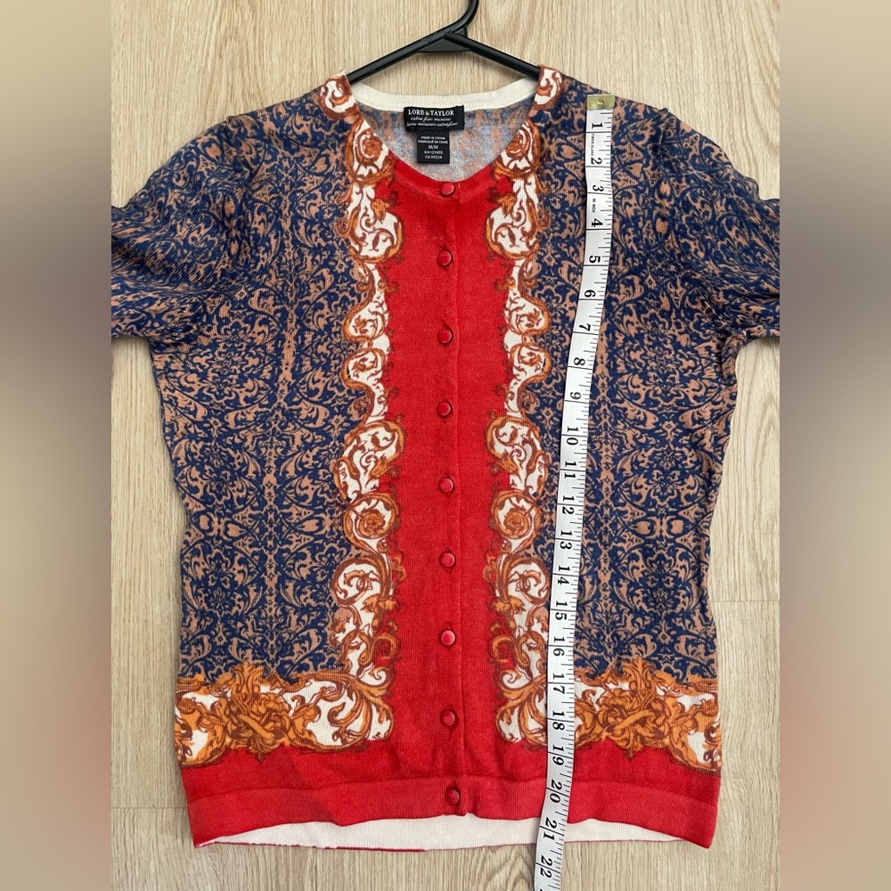 Red Cardigan Lord & Taylor Merino Wool Baroque Tapestry Sweater Size M Vintage - Picture 10 of 13